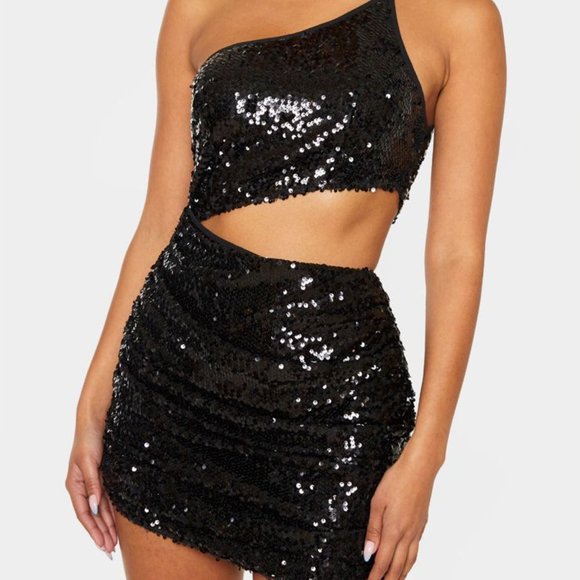 Black Sequin One Shoulder Dress NWT - Picture 1 of 2